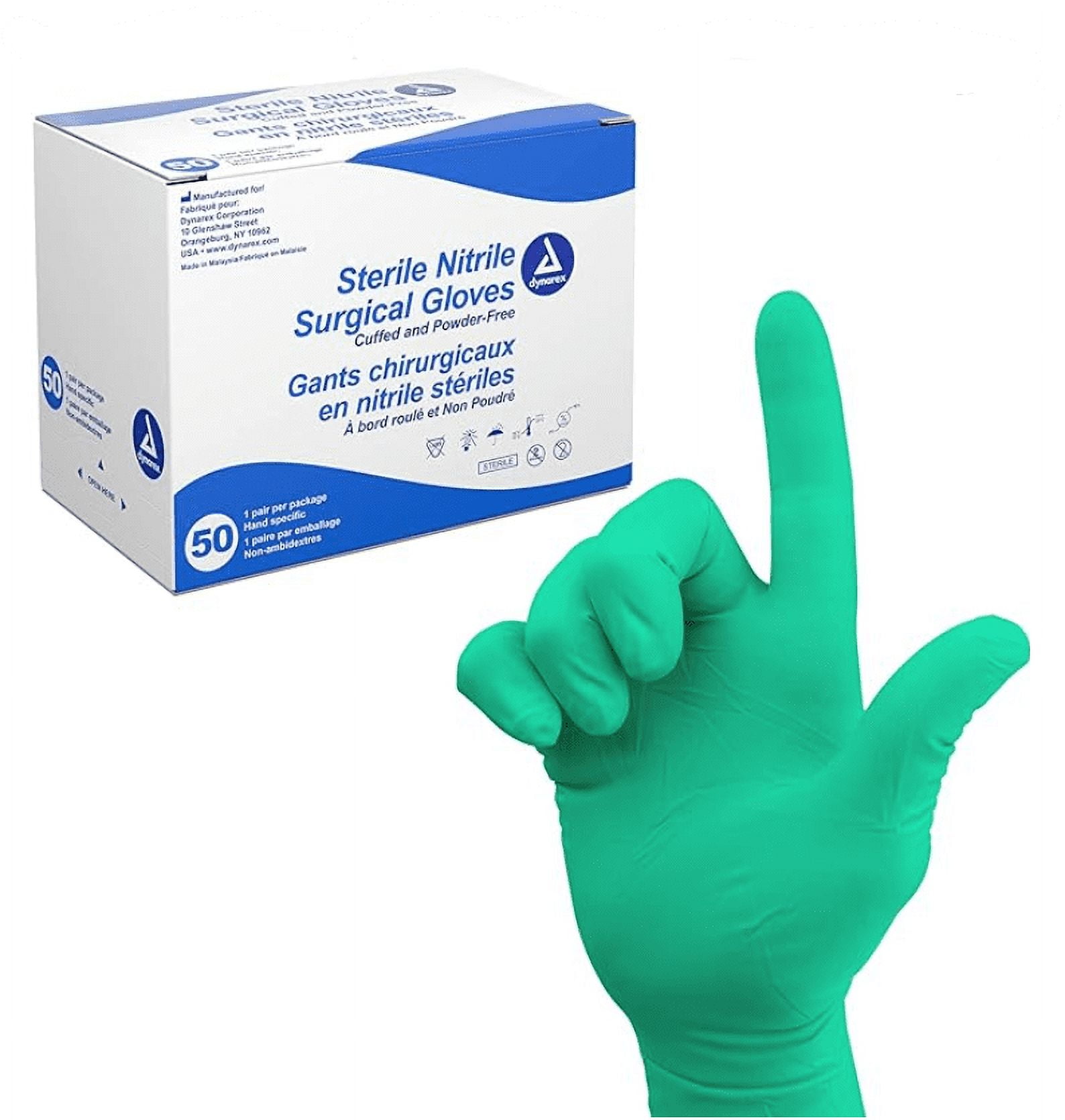Dynarex Sterile Nitrile Surgical Gloves, Powder-Free and Puncture-Resistant Nitrile Gloves, 5-8 Mil, Sizes 6/6.5/7/705/8, White, Box of 50 or Case of 200