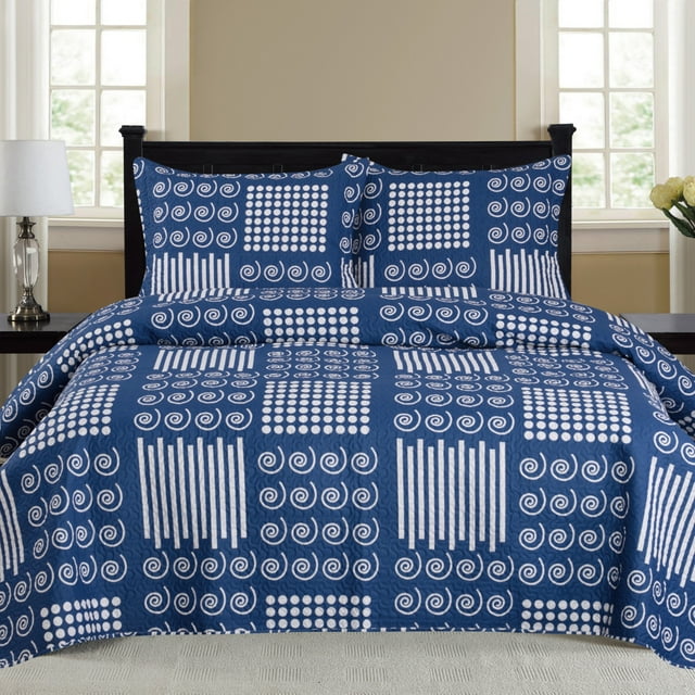 Nikki  3pc Reversible Quilt Set  Blue  - King Size