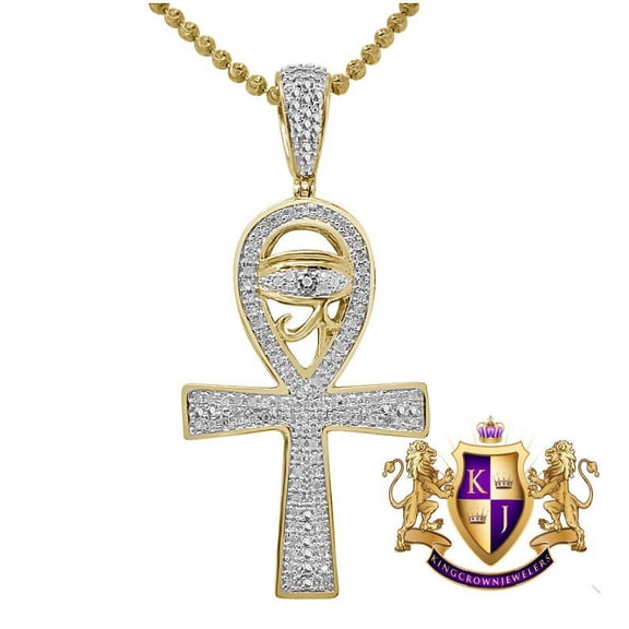 Genuine Diamond Horus Evil Eye Egyptian Ankh Cross Pendent Charm Chain Set 10K Gold Finish
