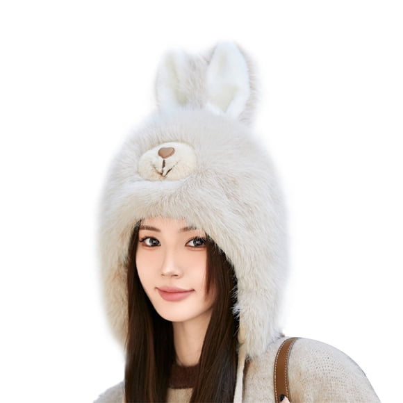 Diconna Women Plush Winter Trapper Hat with Ear Flaps 3D Bunny Cover Ears Warm Trooper Bomber Cap for Skiing Cycling