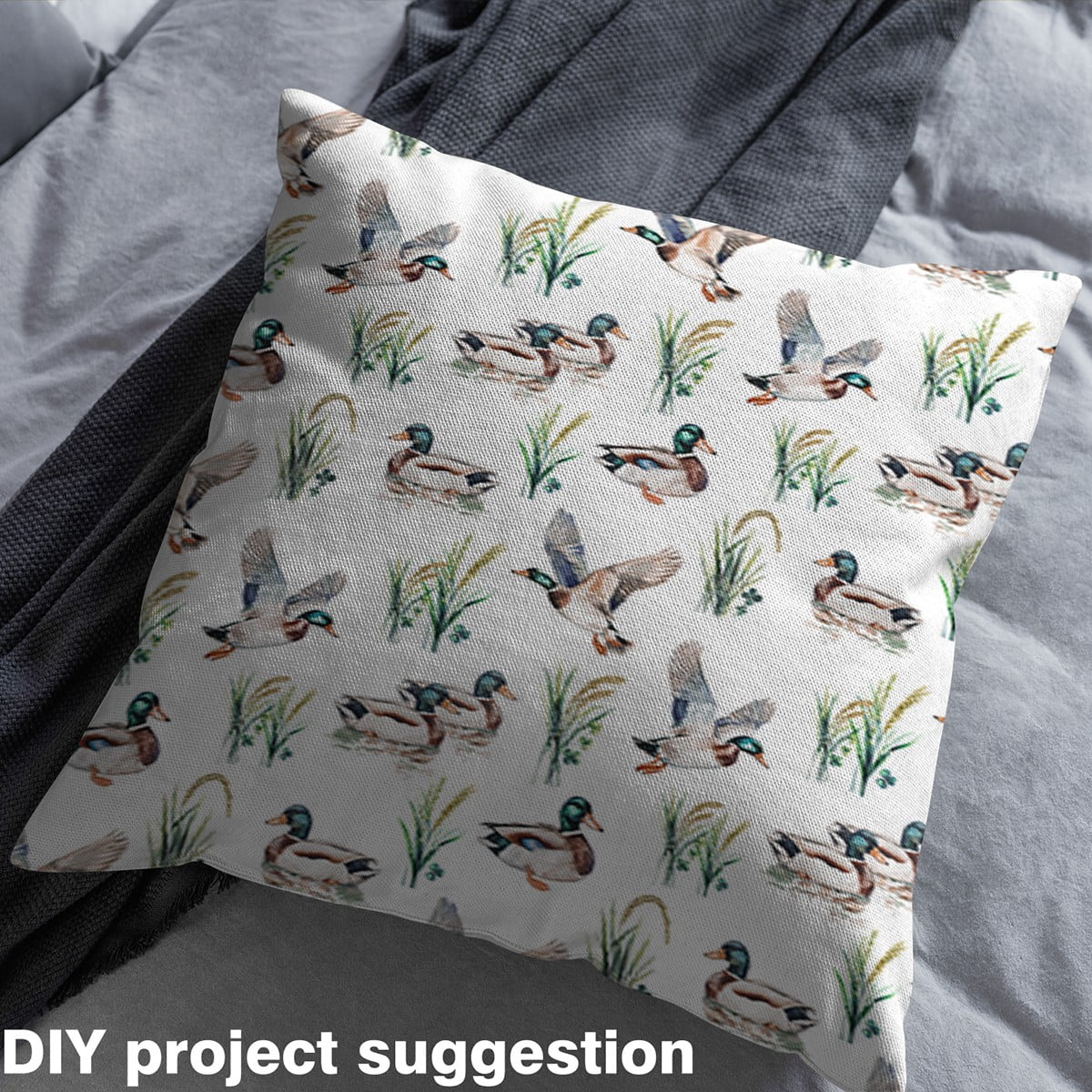 Manfei Wild Mallard Duck Fabric by the Yard (1 Yard), Hunting Theme Decorative Fabric by the Yard, Botanical Grass Leaves DIY Fabric