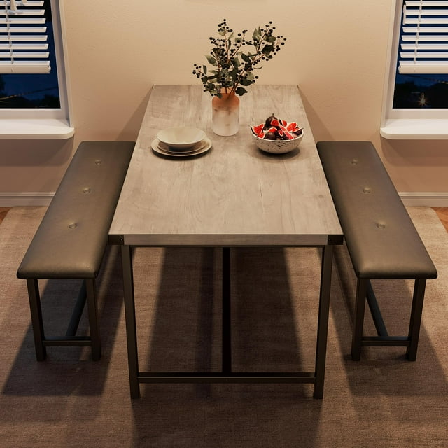 BeesClover Table de Salle à Manger avec 2 Banquettes, Ensemble de Table de Salle à Manger pour 4, Table de Cuisine avec 2 Banquettes Rembourrées Rectangulaire Gain de Place pour Appartement, Salle à Manger, Cuisine, 44,5 Pouces Grand