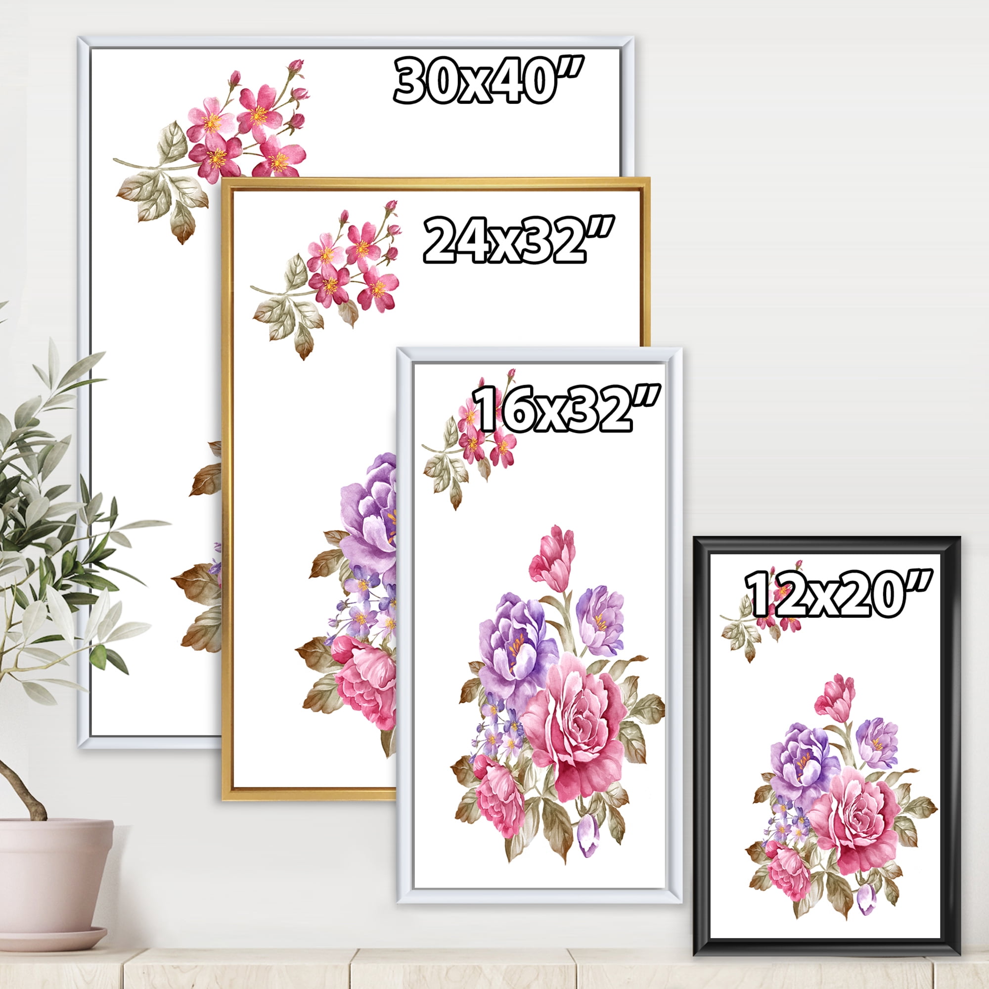 Designart 'Bouquet of Purple and Pink Flowers I' Farmhouse Framed Canvas Wall Art Print