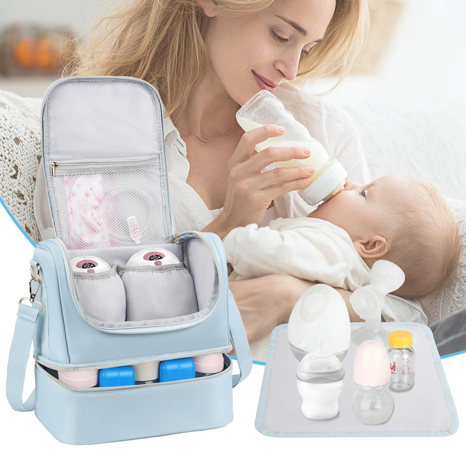Wearable Breast Pump Bag with Cooler Compartment Fits for Willow/Eufy/Elvie/Momcozy M5/S12 Pro/Medela, Breast Milk Travel Tote Bag with Ice Pack & Waterproof Mat,Blue