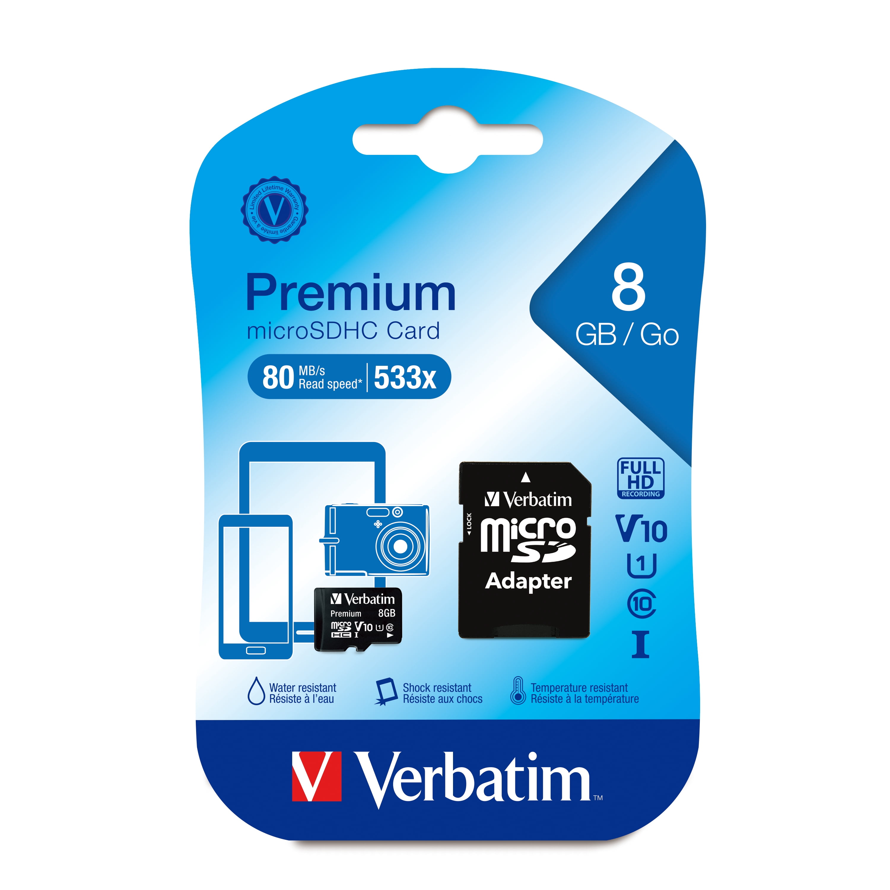 Verbatim 8GB Premium microSDHC Memory Card with Adapter, UHS-I V10 U1 Class 10, 20 pk.