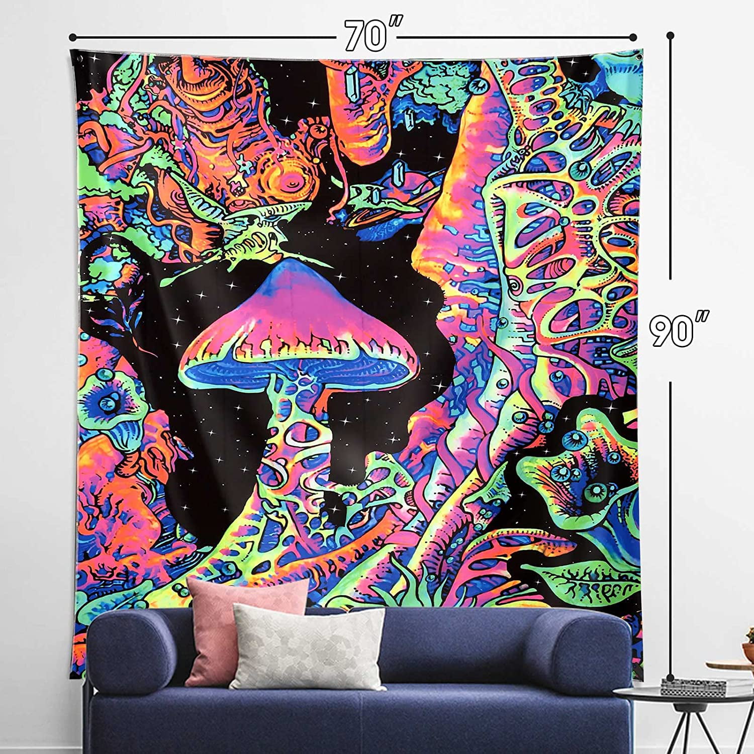 UV Black Light Tapestry,psy Backdrop, Trippy Mushroom Wall Hanging,  Dinosaur Psychedelic Mandala Wall Art, Party Décor, for Bedroom, Room 