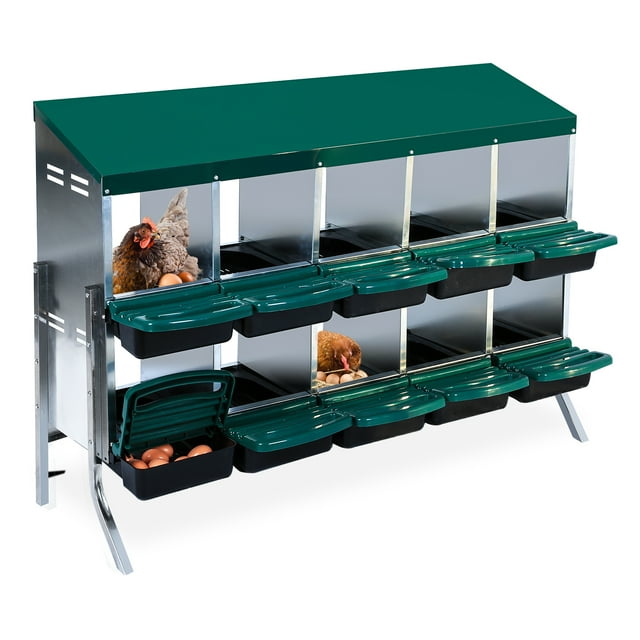 10-Compartment Metal Chicken Nesting Box – Roll Away Design, Wall Mountable, Easy Clean Pull-Out Roosting Trays, Includes Green Bracket Legs, Perfect for Chicken Coops and Hen Houses