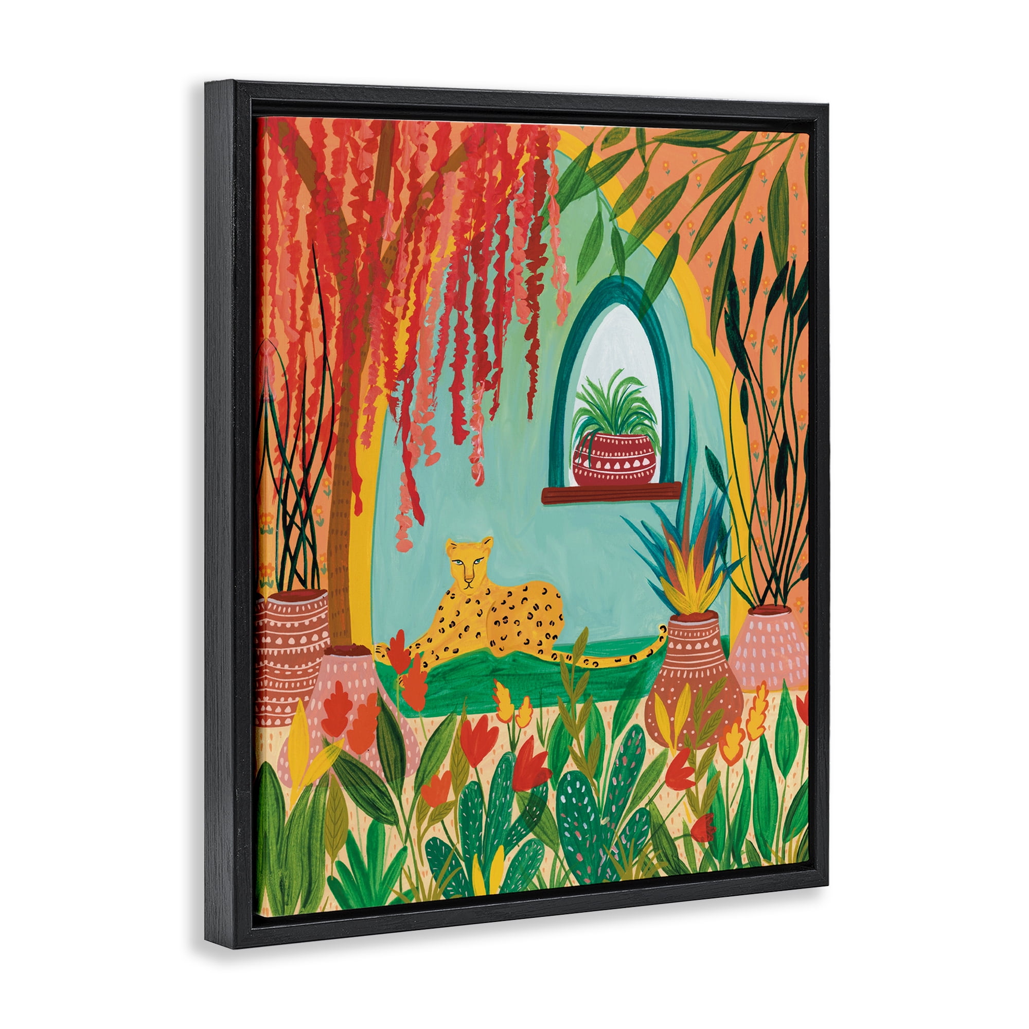 Lone Leopard Among Botanicals Black Framed Floater Canvas Wall Art, design by Nabeela Rumi
