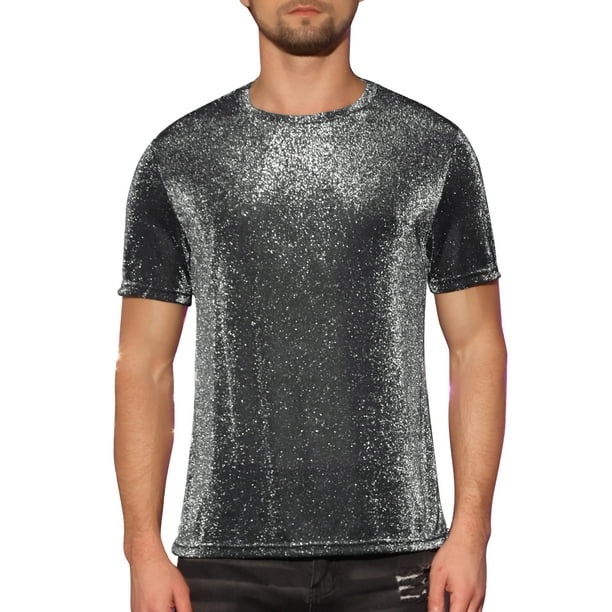 Camisetas de malla transparente Inspire Chic para hombres, camiseta de manga corta, camiseta brillante de purpurina metálica, 2XL plateada