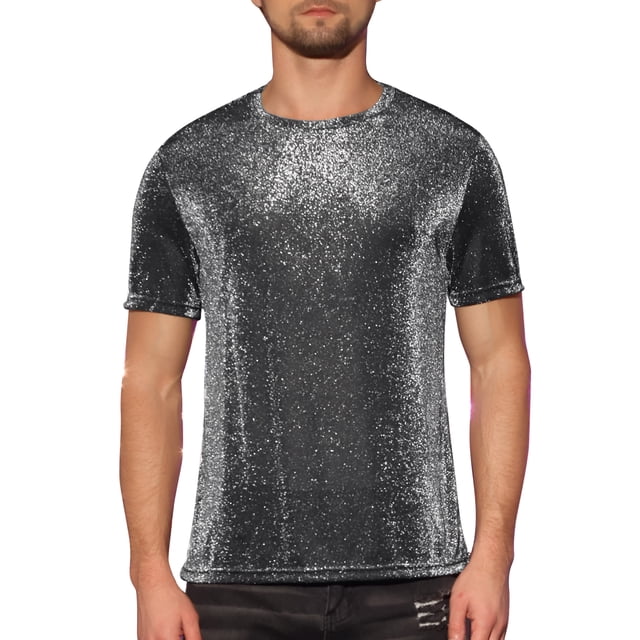 Camisetas de malla transparente Inspire Chic para hombres, camiseta de manga corta, camiseta brillante de purpurina metálica, 2XL plateada