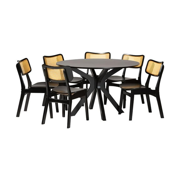 Baxton Studio Linnet Mid-Century Modern Dark Brown Finished Wood and Rattan 7-Piece Dining Set