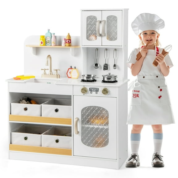 Gymax Kids Kitchen Playset Toy Play Kitchen w/ 4 Fabric Drawers Stoves Oven & Faucet