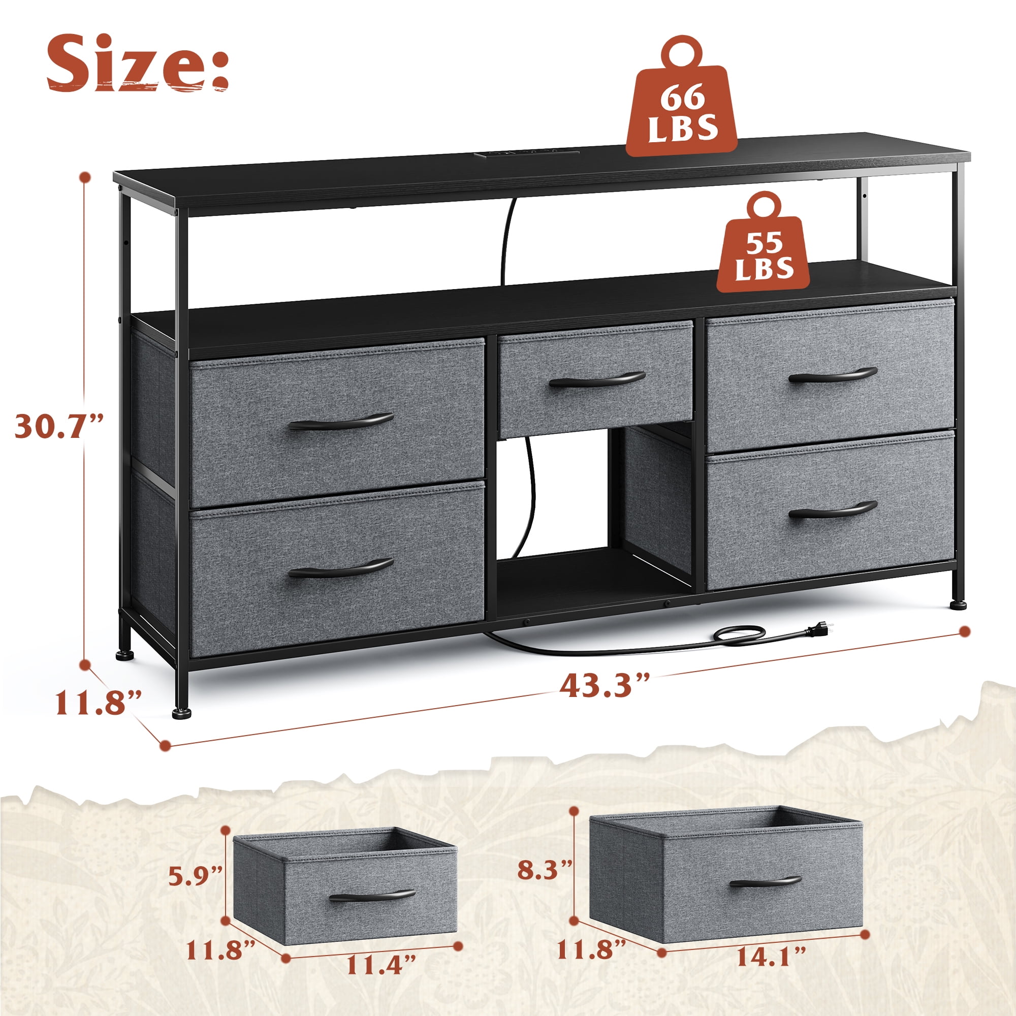EnHomee Wide Dresser with 5 Drawers TV Stand for 50"Inch TV,Dressers for Bedroom with LED Lights & Power Outlets,Gray