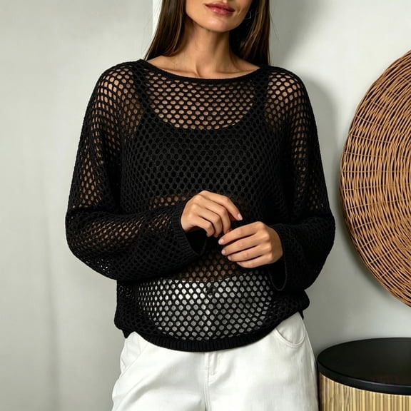 JJHGVB Women's Crochet Cover Up Tops Crew Neck Hollow Out Knit Sweater Summer Beach Swim Cover Ups Openwork Knit Blouse Summer Cover Up Women's Pullover Sweaters Tops for Women A1-Black L