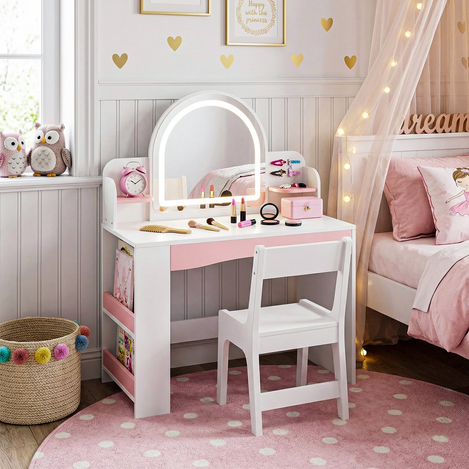 Haewon 27.5" Kids White Vanity with Lighted Mirror & Charging Station, Kids Vanity Table and Chair Set with Storage Cabinet & Drawers, Vanity for Kids, White