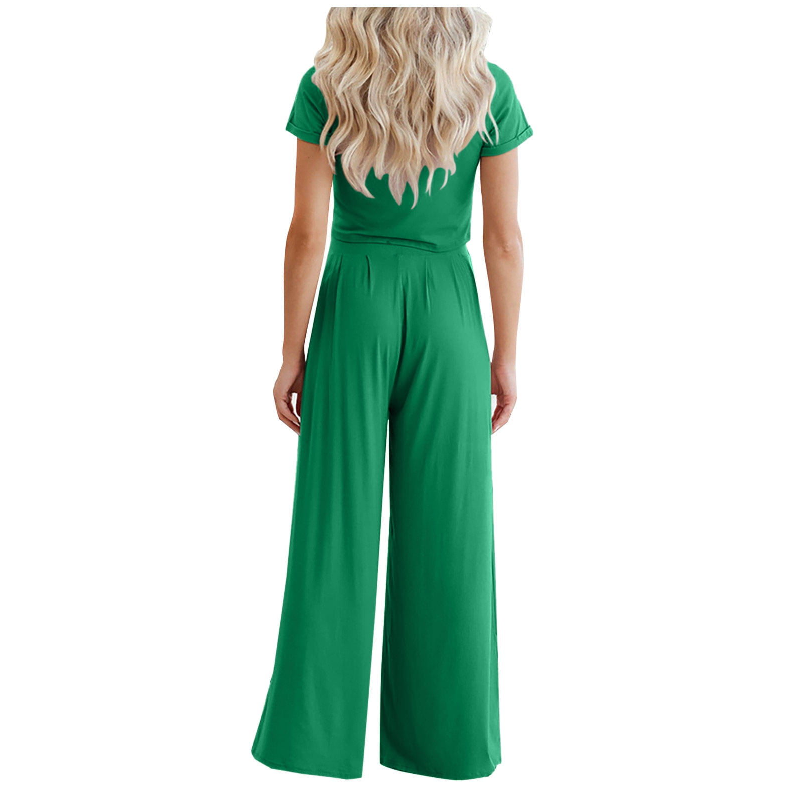 Wozhidaose Two Piece Outfits for Women Womens Solid Two Piece Off Shoulder  Short Sleeve Suit Crop Top High Waist Pants Set Pants for Women
