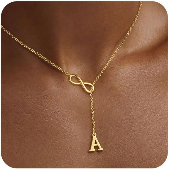 Gold Plated Initial Necklaces for Women Trendy Dainty Long 14K Gold Plated Infinity Lariat Letter Necklace Non Tarnish Friendship Personalized Name Drop Pendant Y Necklace Stack Jewelry Gift