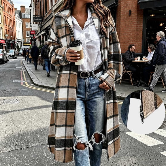 thefmos Women's Fall Winter Plaid Cardigan Long Sleeve Open Front Collared Loose Coat Casual Outwear Fashion Tops for Vacation, Beige 2XL
