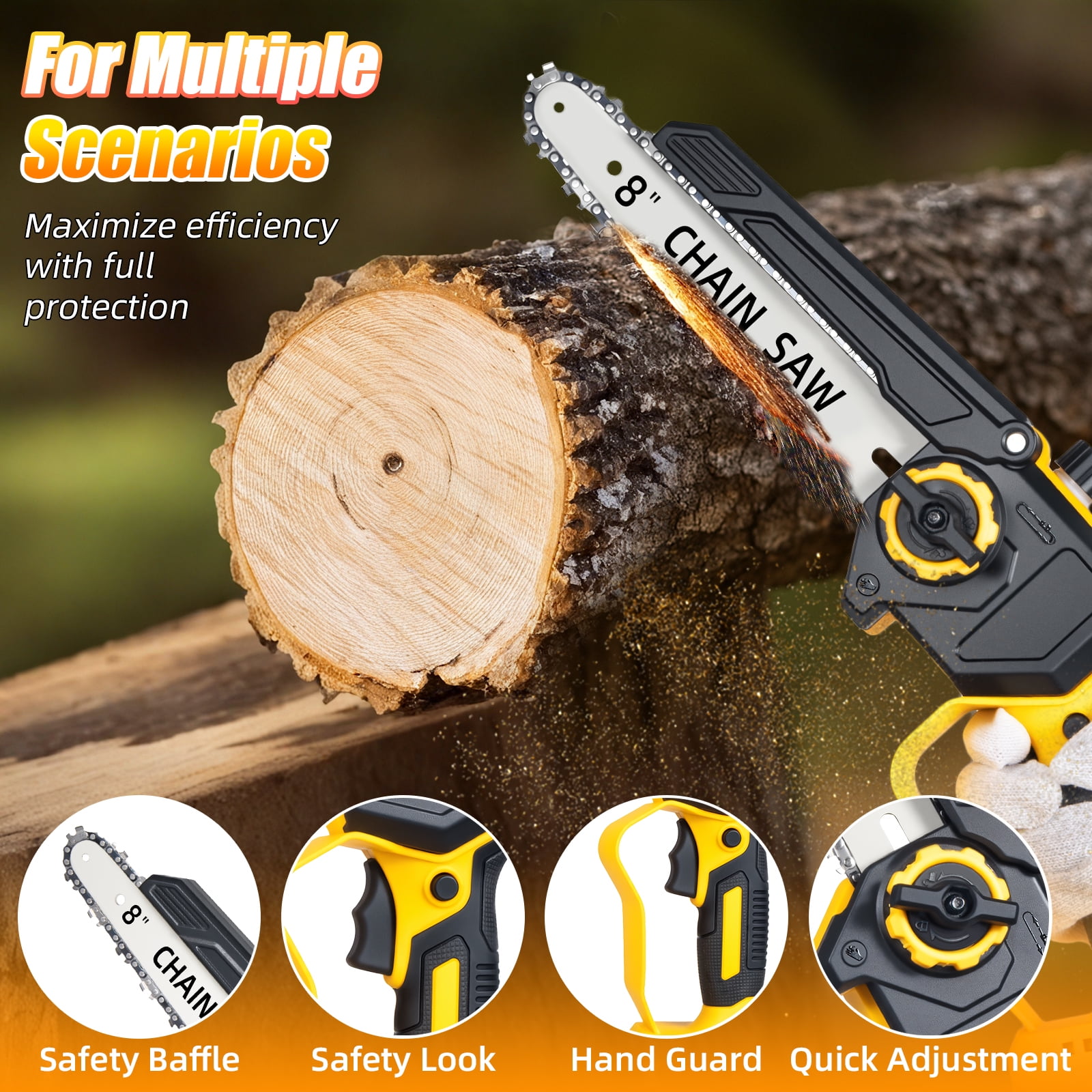 Paddsun Mini Chainsaw Cordless, 8 inch 21V Electric Chainsaw Battery Powered, Handheld Mini Chain Saw with 2 Batteries and 2 Chains