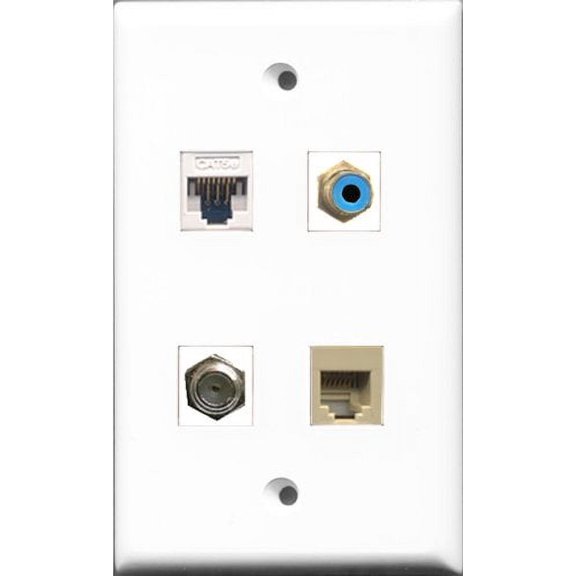 RiteAV 1 Port RCA Blue and 1 Port Coax Cable TV- F-Type and 1 Port Phone RJ11 RJ12 Beige and 1 Port Cat5e Ethernet White Wall Plate