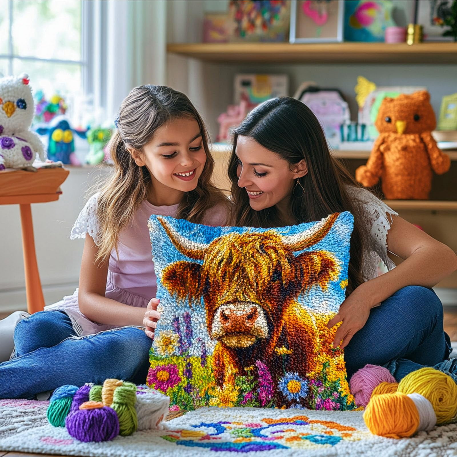 DIY Latch Hook Pillow Kits Cute Highland Cow in Flowers Printed Pillowcase Crochet Yarns Hooking Handmade Pillow Cover Cushion for Home Sofa Decoration 17x17inch-3