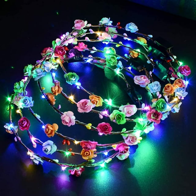 Corona de flores LED, 10 diademas de flores LED iluminadas luminosas con 10 flores LED, bandas para el cabello para mujeres, niñas, bodas, fiestas, Navidad, festivales