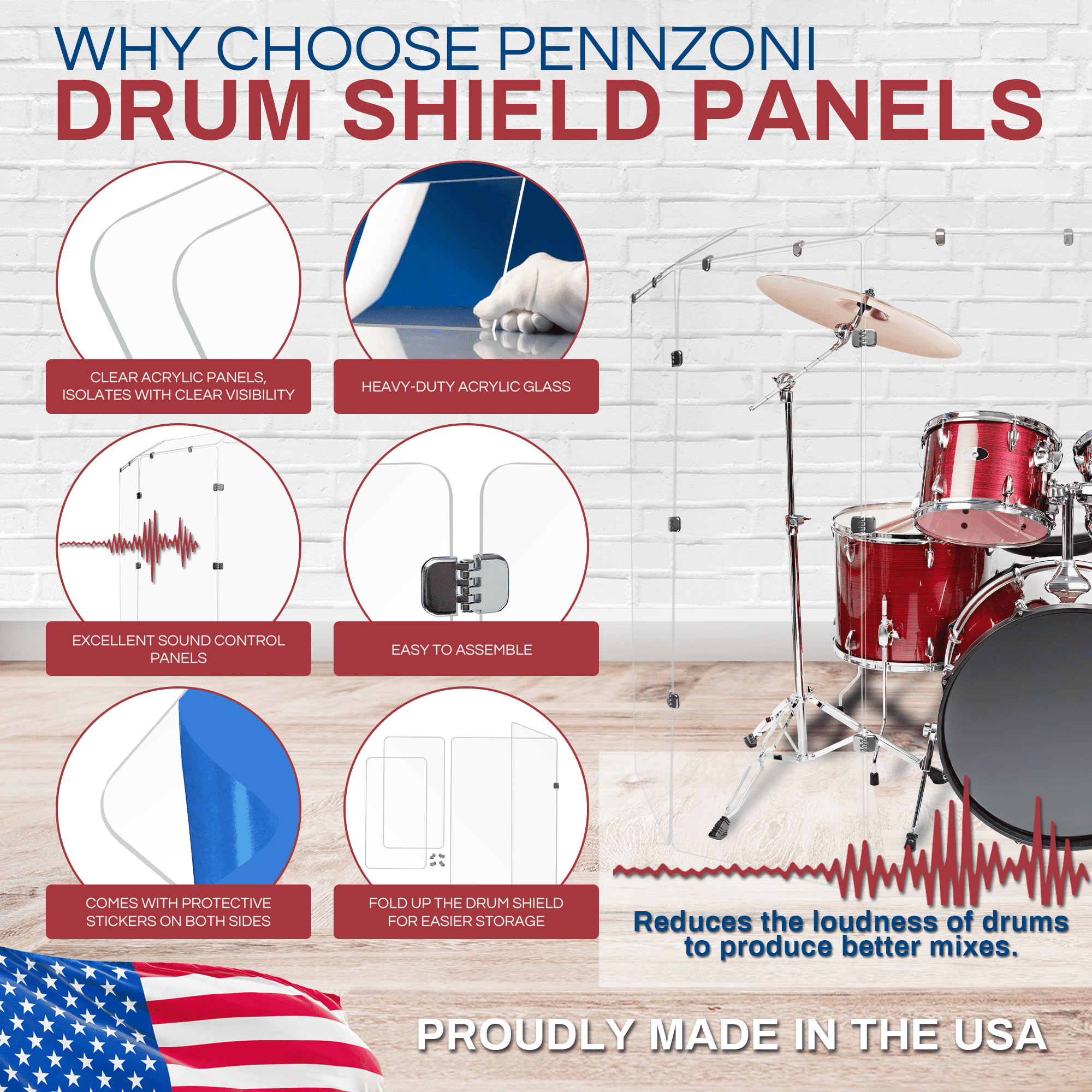 PENNZONI Drum Shield, 3 Panels & Deflectors w/ Chrome Hinges, 5 ft Clear Acrylic Panels