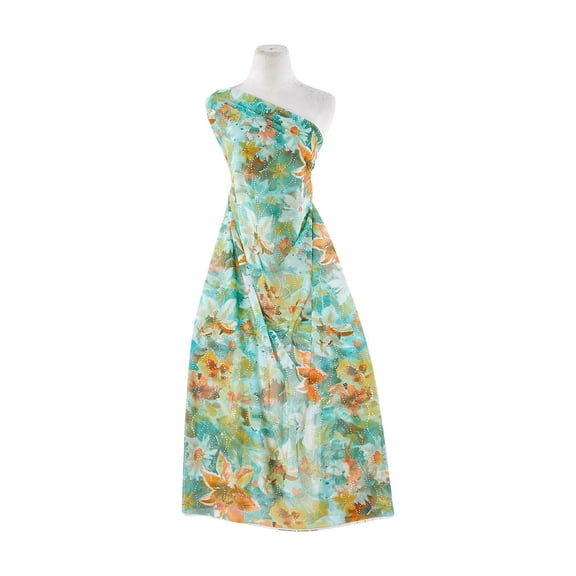 Zelouf Water Floral Print W/allover Hologram On Mjc , Sewing, DIY, Crafts Fabric by the Yard, Teal/tang/sun, 10 Yard