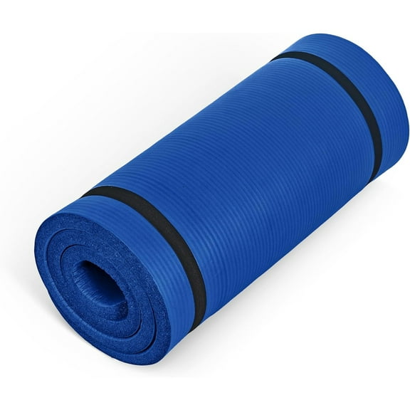 1-Inch High Density Exercise Yoga Mat with Strap | Multiple Colors-Blue