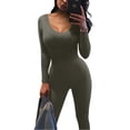 thumbnail image 4 of Mialoley Women's Spring Autumn Long Jumpsuit Solid Color Long Sleeve U Neck Slim Bodysuit, 4 of 8
