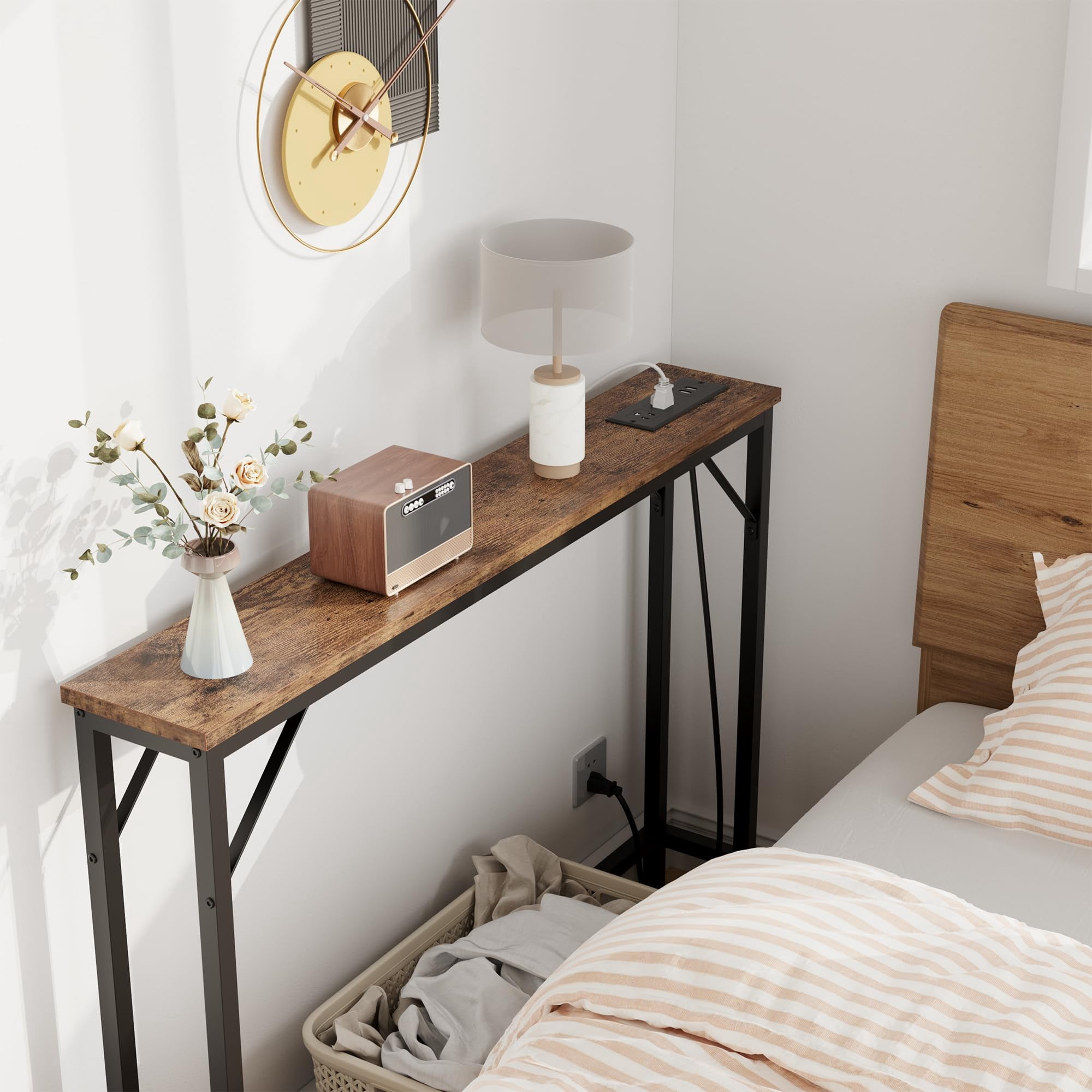 KTENME Narrow Console Table, Slim Sofa Table with Metal & MDF, Industrial Hallway Table for Entryway, Foyer, Retro