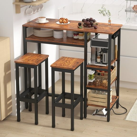 NAIYUFA Dining Table Set for 2,Bar Table and Chairs for 2,3-Piece Dining Set with Power Outlets and Storage Shelves,Industrial Table Chairs Set for Bar,Kitchen,Apartment,Breakfast