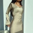 thumbnail image 5 of Women Elegant Classy Fall Long Bell Sleeve Ruched Bodycon Fitted Cocktail Party Slit Dress Apricot S, 5 of 8
