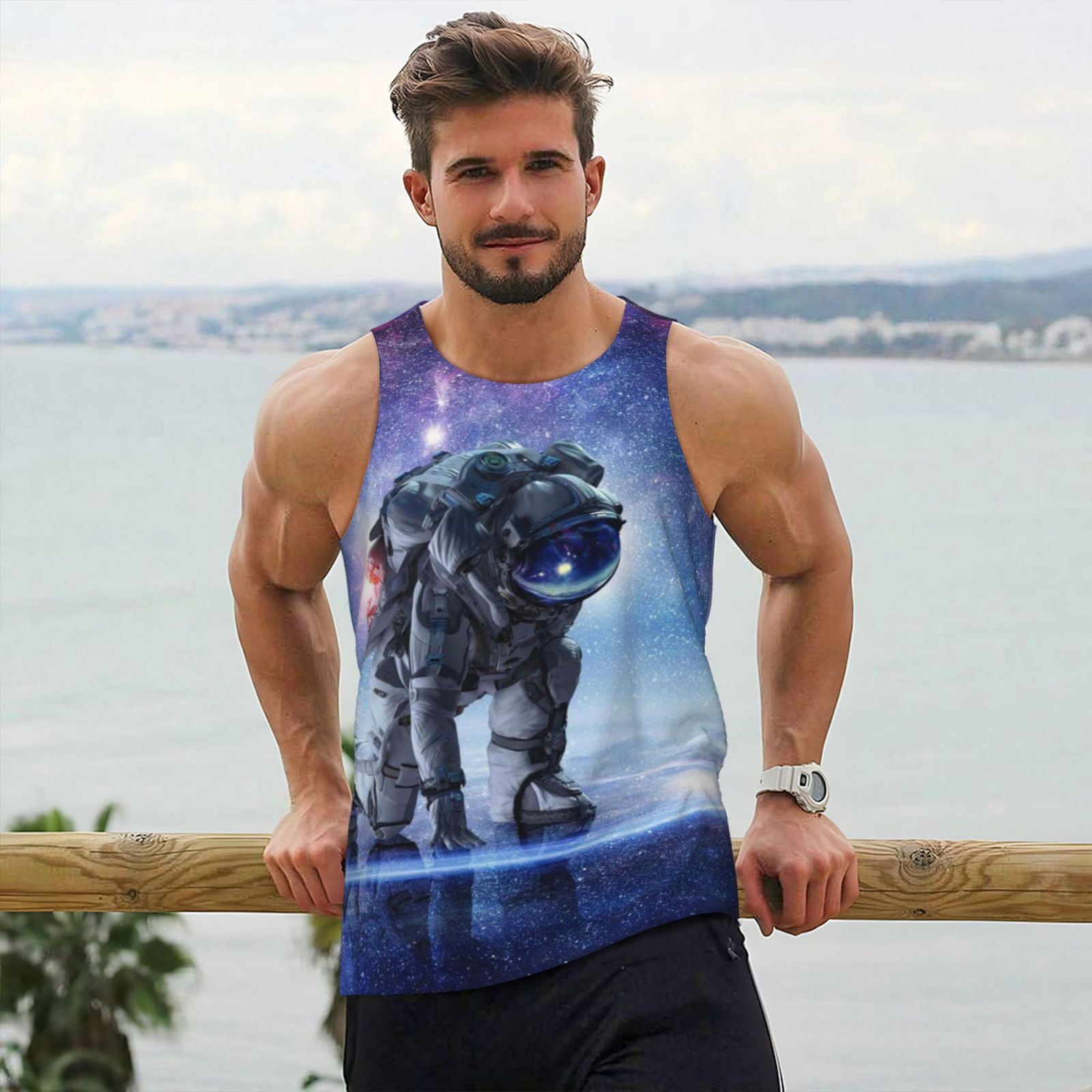 Gukieu Astronauts Start Running Print Men's Quick Dry Fitness Vest, Round Neck Sleeveless Fitness Bodybuilding Top-4X-Large