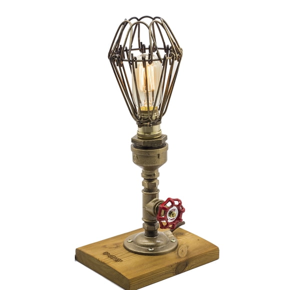 Y-Nut Loft Style Lamp, "Pharos", Steam Punk Industrial Vintage Style, Wood Base Metal Body, Table Desk Light with Dimmer, LL-016
