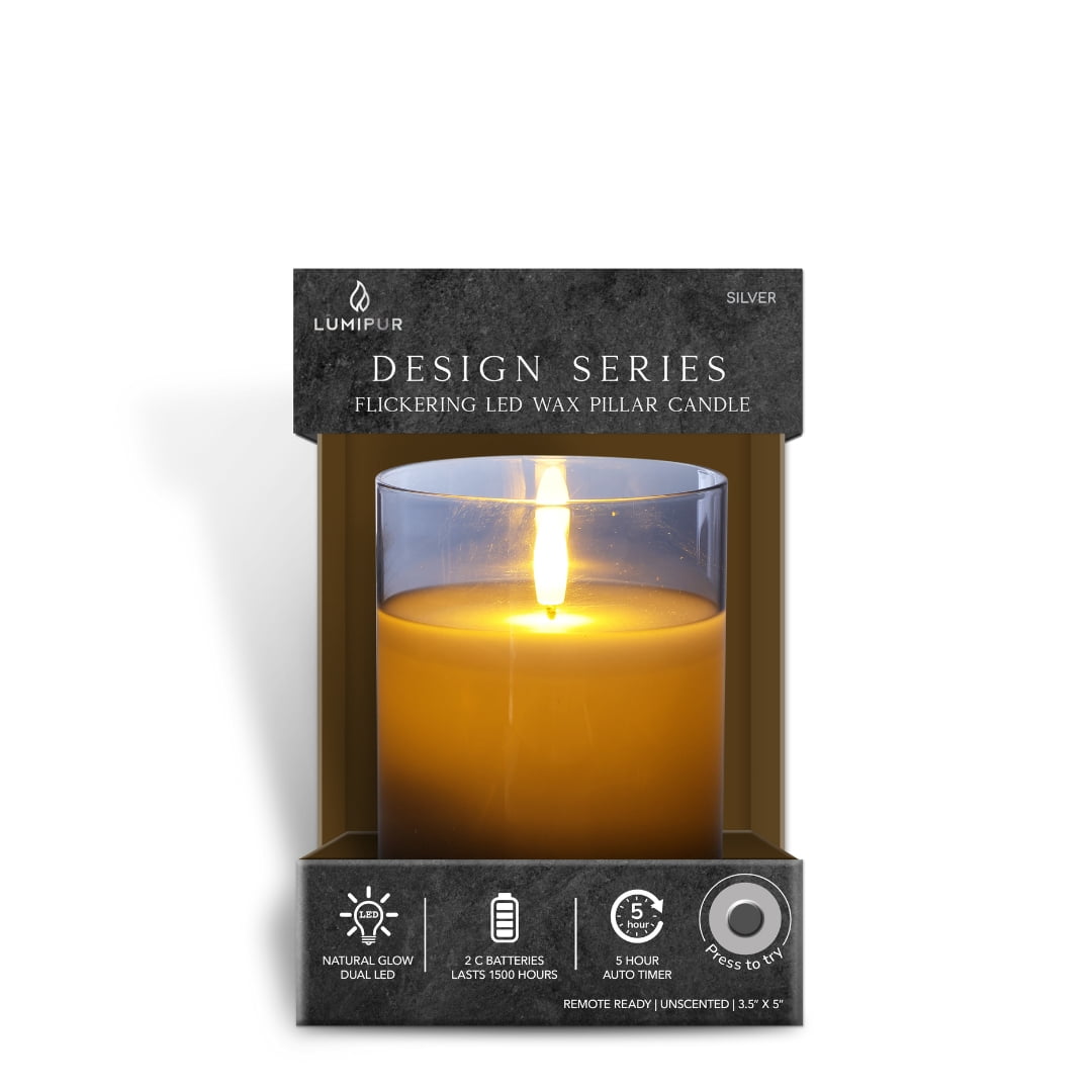 LumiPur Premium Design Series Glass Flameless LED Candle 3.5" x 5", Silver