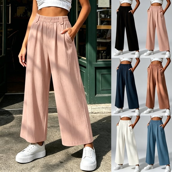 Women's Elastic Waist Loose Casual Pants, Solid Color Long Trousers with Pockets for Daily Home | TruBelle,Army Green L