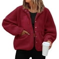 thumbnail image 3 of Womens Fleece Jacket Fuzzy Long Sleeve Short Winter Coats Button Down Jacket Outerwear with Pockets Wine Red XXL, 3 of 6