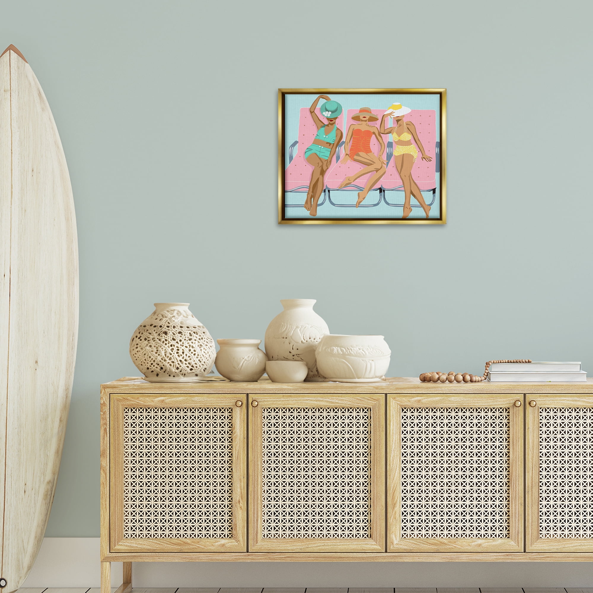 Stupell Industries Glam Beach Friends Novelty Painting Gold Floater Framed Canvas Art Print Wall Art, 21 x 17
