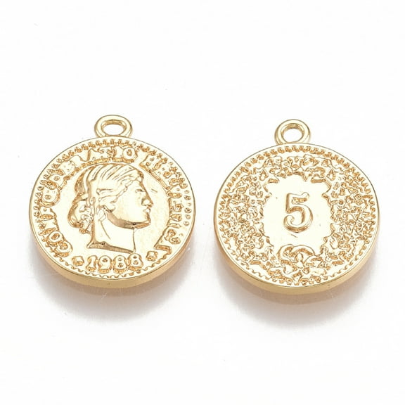 2pc Brass Coin Charms Flat Round Real 18K Gold Plated Nickel Free 14x12x2mm Hole: 1mm