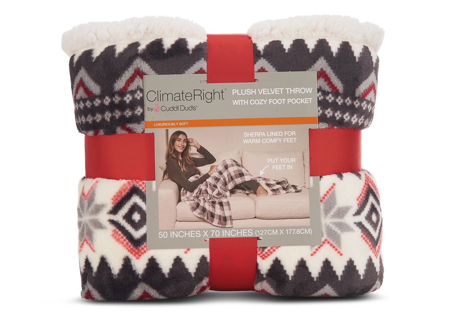 ClimateRight by Cuddl Duds Oversized Throw With A Cozy Sherpa Pocket For Your Feet, Gray Red Fair Isle