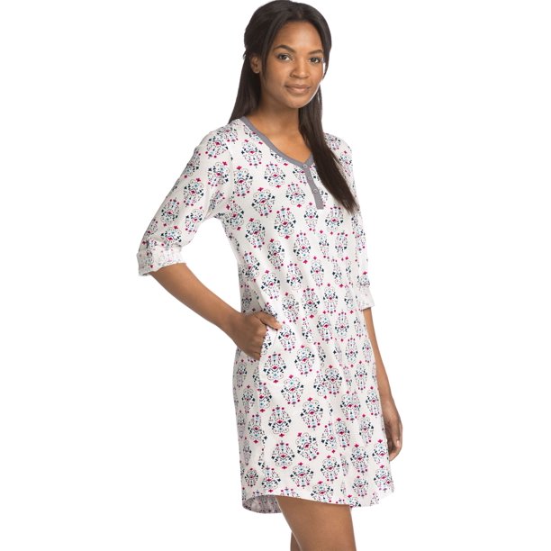Hanes Womens Knit Henley Sleepshirt, O, Ivory Damask