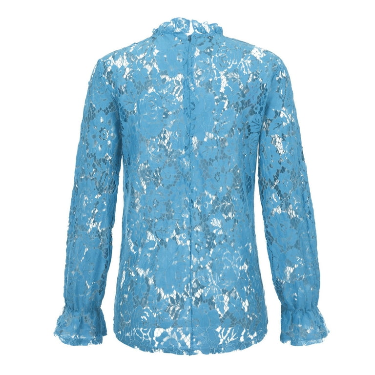 Womens Casual Lace Top Crew Neck Long Sleeve with Hollow Out