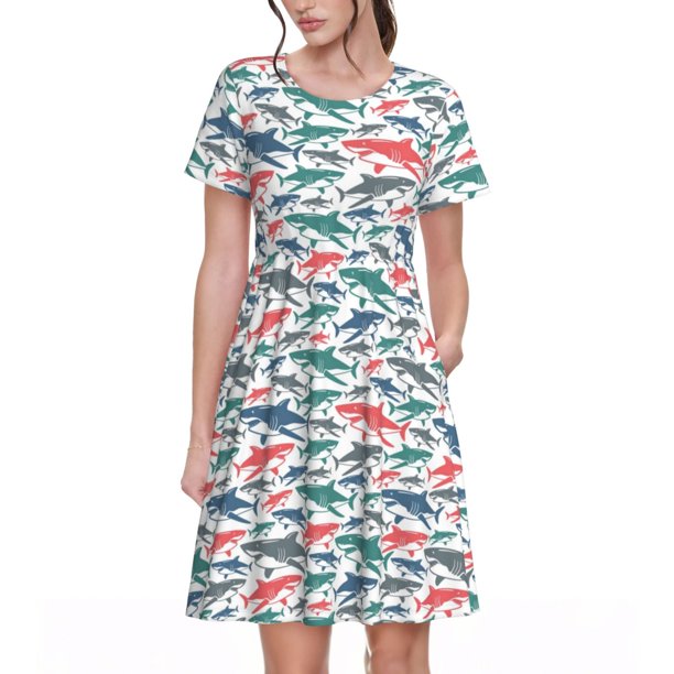 Easygdp Colorful Shark para Vestido Transpirable de Mujer, Vestido Suelto de Manga Corta con Pliegues y Bolsillos para el Verano