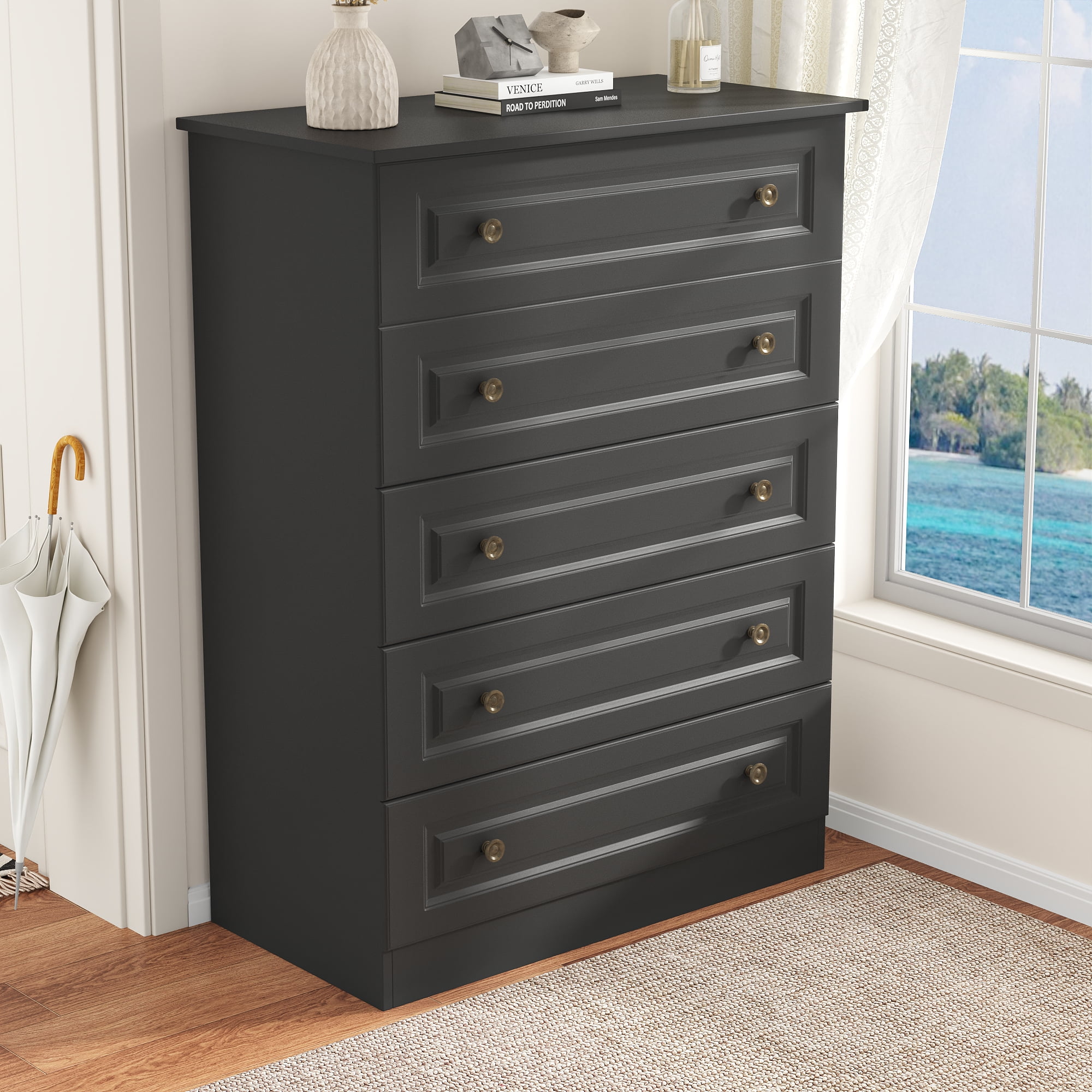 NEGYLIM 5 Drawer Dresser Tall, Modern White Chest of Drawers with Anti-Tip, Large Storage for Bedroom, Hallway, Entryway, (Black)