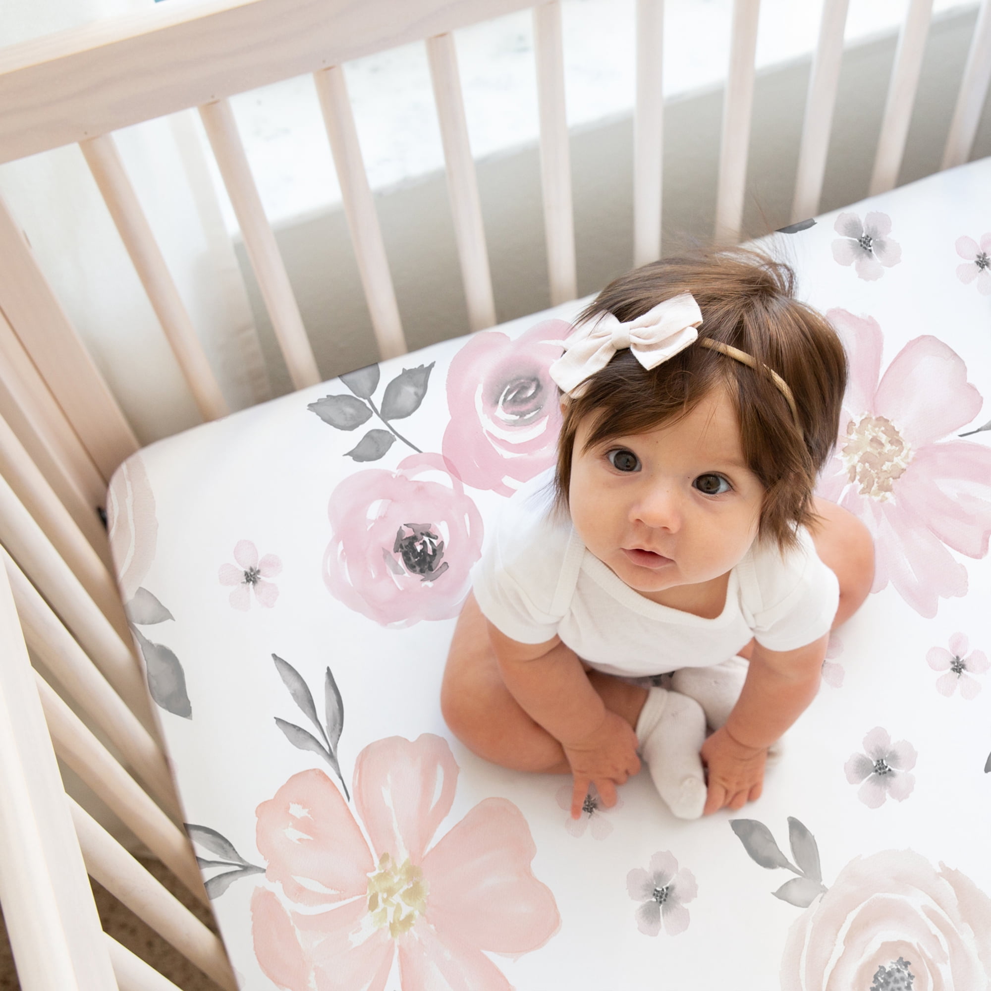 Sweet Jojo Designs Watercolor Floral Pink and Grey Fitted Crib Sheets 2 Piece Set