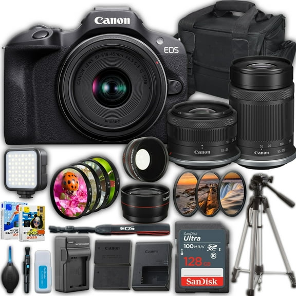 Canon EOS R100 Mirrorless Camera with 18-45mm and 55-210mm Lenses Kit   SanDisk 128 GB Memory Card   Camera Case   Spider Tripod   More