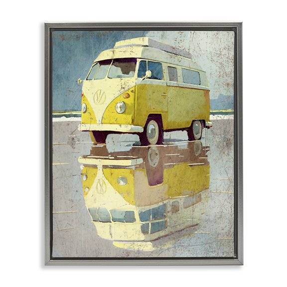 Stupell Industries Coastal Yellow Rustic Minibus Gray Floating Frame Canvas Art, 25 x 31, by Enrico McGarrigle