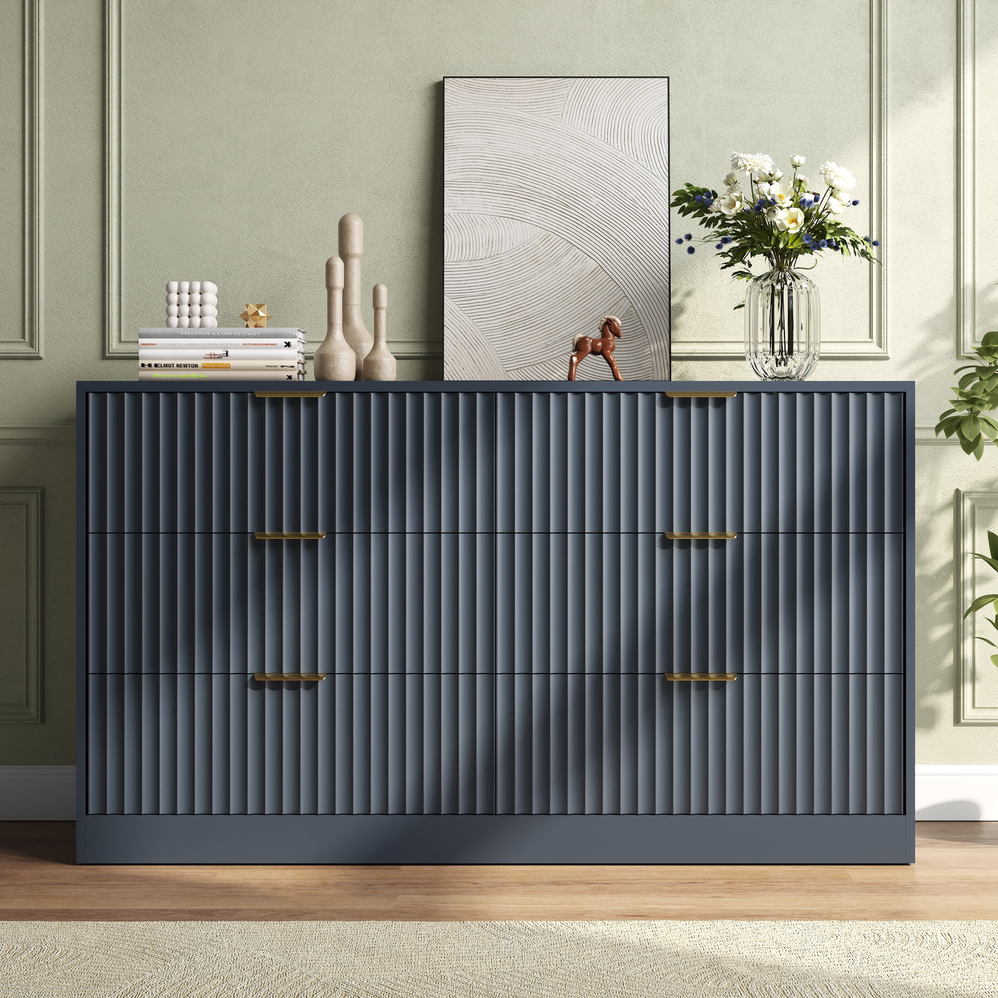 ASTUVIA 55.1" W Fluted 6 Drawer Dresser for Adult,Wooden Bedroom Dresser,Dresser TV Stand up to 65" for Living Room,Blue