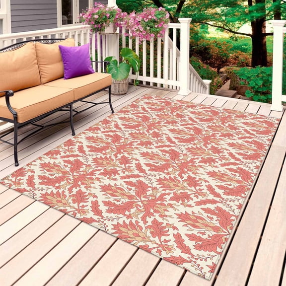 Red Orange Baroque Outdoor Rug for Patio/Deck/Porch, Non-Slip Large Area Rug 6 x 9 Ft, Abstract Art Floral Pattern Indoor Outdoor Rugs Washable Area Rugs, Reversible Camping Rug Carpet Runner